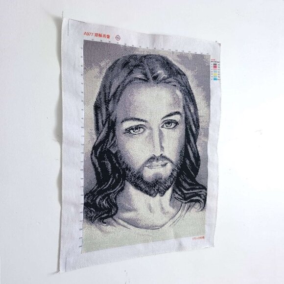 Hand Embroidered Jesus Christ Portrait Needlepoint Stitched Canvas Tapestry - Picture 2 of 7